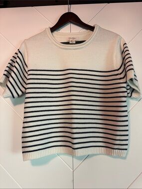 Jessica Simpson Off-white and Navy Striped Short-Sleeve Knit Sweater